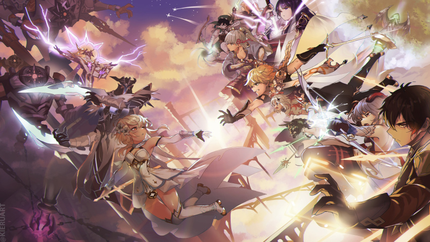 4boys 6+girls absurdres abyss_herald_(genshin_impact) aether_(genshin_impact) bangs black_gloves black_hair blonde_hair blue_hair book boots bow_(weapon) braid breasts chain clenched_teeth closed_mouth clouds detached_sleeves dress earrings electricity english_commentary ganyu_(genshin_impact) genshin_impact gloves gradient_hair hair_ornament hair_ribbon halo highres holding holding_sword holding_weapon horns jean_(genshin_impact) jewelry kamisato_ayaka kieruart long_hair lumine_(genshin_impact) mask multicolored_hair multiple_boys multiple_girls open_mouth paimon_(genshin_impact) parted_lips polearm ponytail purple_hair raiden_shogun ribbon ruin_guard_(genshin_impact) short_hair_with_long_locks silver_hair single_braid single_earring sky spear star_(sky) sword sword_out_of_chest teeth thigh-highs thigh_boots twitter_username venti_(genshin_impact) weapon white_dress white_footwear white_hair xiao_(genshin_impact) zhongli_(genshin_impact)