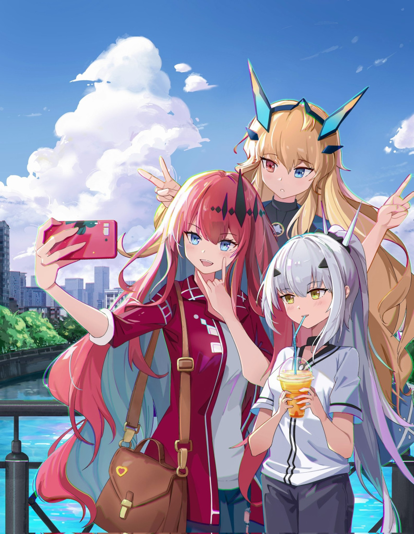 3girls :d :o \m/ alternate_costume bag black_pants blonde_hair blue_eyes blue_sky blush casual cellphone city clouds contemporary cup disposable_cup double_v drinking_straw drinking_straw_in_mouth english_commentary fairy_knight_gawain_(fate) fairy_knight_lancelot_(fate) fairy_knight_tristan_(fate) fate/grand_order fate_(series) hair_ornament handbag heterochromia highres holding holding_phone jacket john_derick long_hair multiple_girls pants phone ponytail railing red_eyes red_jacket redhead river selfie shirt silver_hair sky smartphone smile v very_long_hair water white_shirt yellow_eyes