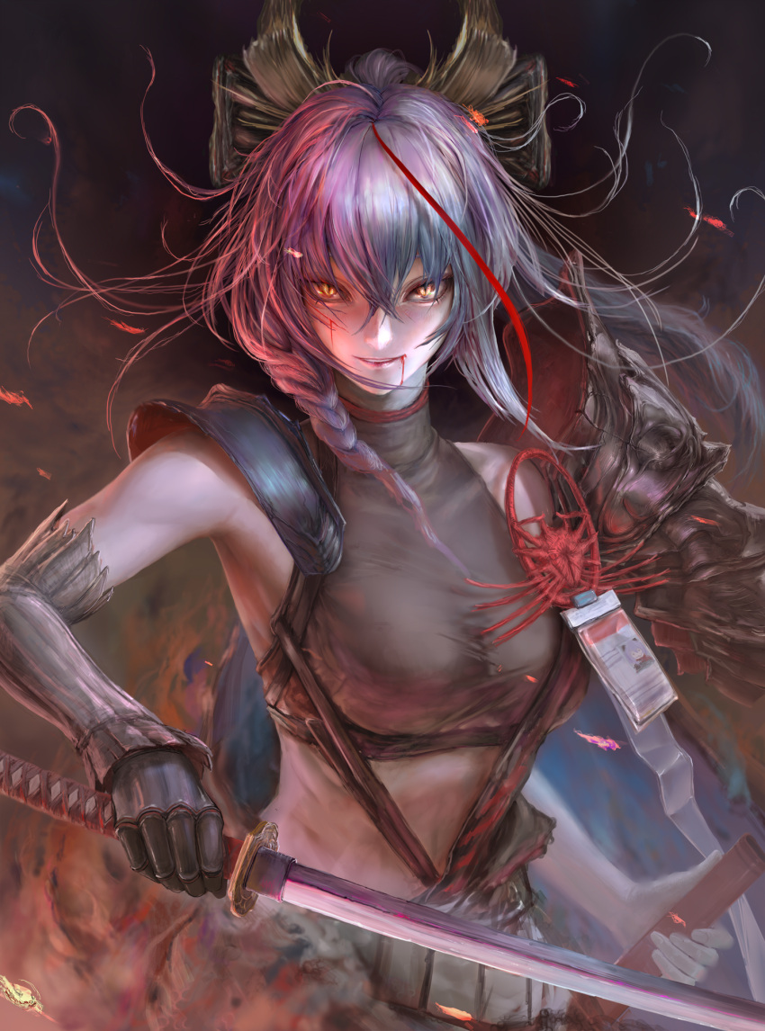 1girl akafuyu_(arknights) arknights bangs black_shirt blood blood_from_mouth blood_on_face braid breasts cowboy_shot crop_top floating_hair gauntlets highres holding holding_sheath holding_sword holding_weapon id_card jinchigou katana long_hair midriff multicolored_hair purple_hair redhead scar scar_on_face sheath shirt single_gauntlet sleeveless slit_pupils smile solo streaked_hair sword weapon yellow_eyes