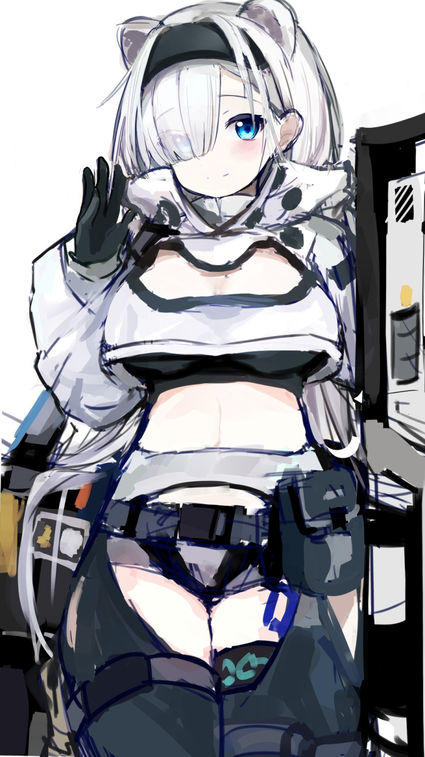 1girl animal_ears arknights artist_request aurora_(arknights) bangs bear_ears black_gloves black_hairband black_pants blue_eyes breasts cleavage_cutout closed_mouth clothing_cutout commentary_request crop_top eyebrows_visible_through_hair gloves hair_over_one_eye hairband hand_up highres jacket long_hair long_sleeves looking_at_viewer medium_breasts midriff navel pants puffy_long_sleeves puffy_sleeves riot_shield shield simple_background sketch sleeves_past_wrists smile solo thigh_cutout very_long_hair white_background white_hair white_jacket