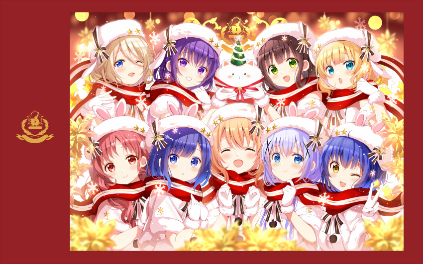 1other 6+girls :d :o ^_^ alternate_costume angora_rabbit aoyama_blue_mountain bangs beret blonde_hair blue_eyes blue_hair blunt_bangs blurry blurry_background blurry_foreground blush border bow brown_hair christmas christmas_tree_hat closed_eyes closed_mouth coat eyebrows_visible_through_hair fang gloves gochuumon_wa_usagi_desu_ka? grin hair_between_eyes hands_up hat hat_ornament highres hoto_cocoa hoto_mocha jouga_maya kafuu_chino kirima_sharo koi_(koisan) light_brown_hair logo long_scarf looking_at_viewer matching_outfit mate_rin multiple_girls natsu_megumi one_eye_closed open_mouth orange_hair purple_hair rabbit rabbit_hat rabbit_house_logo red_background red_border red_eyes redhead scarf shared_scarf shiny shiny_hair smile snowflake_print snowflakes star_(symbol) star_hat_ornament swept_bangs tedeza_rize tippy_(gochiusa) ujimatsu_chiya upper_body wallpaper_(object) white_gloves winter_clothes winter_coat winter_hat yellow_eyes