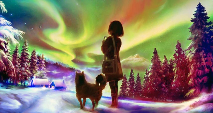 1girl aurora bag black_hair black_legwear bob_cut boots cabin cellphone chimney colorful dog from_behind fur_trim highres house mountain night night_sky original phone satchel seiya_hoshiko short_hair sky smartphone smoke snow solo star_(sky) tree winter