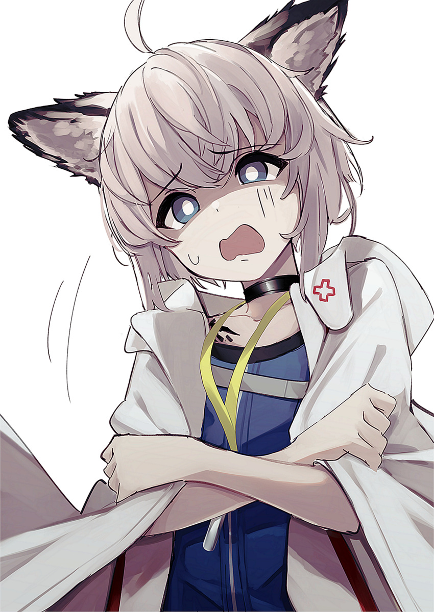 1girl ahoge animal_ear_fluff animal_ears arknights bangs black_choker blue_eyes blue_shirt character_name choker collarbone eyebrows_visible_through_hair grey_hair hair_between_eyes highres jacket looking_at_viewer open_clothes open_jacket open_mouth shaded_face shirt simple_background solo tetuw upper_body wavy_mouth white_background white_jacket