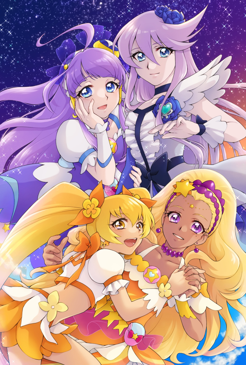 4girls :d ahoge aizen_(syoshiyuki) amamiya_erena bangs black_choker blonde_hair blue_eyes blue_flower blue_rose blunt_bangs bow brooch choker circlet closed_mouth clouds collarbone color_connection crescent crescent_earrings crop_top cure_moonlight cure_selene cure_soleil cure_sunshine dress earrings elbow_gloves flower frills gloves hair_between_eyes hair_bow hair_color_connection hair_flower hair_ornament hair_tubes hand_on_own_face heartcatch_precure! highres holding_hands jewelry kaguya_madoka long_hair looking_at_viewer magical_girl midriff multiple_girls myoudouin_itsuki night night_sky open_mouth orange_choker orange_dress orange_skirt precure puffy_sleeves purple_bow purple_choker purple_dress purple_gloves purple_hair ribbon_choker rose see-through sidelocks single_elbow_glove skirt sky smile sparkle star_(symbol) star_hair_ornament star_twinkle_precure swept_bangs symmetry tan trait_connection tsukikage_yuri twintails wrist_cuffs yellow_eyes