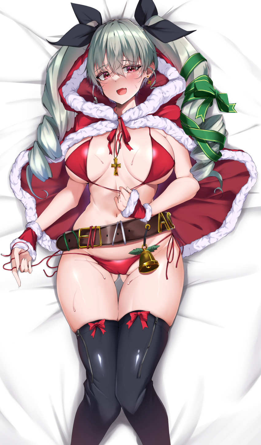 1girl absurdres anchovy_(girls_und_panzer) antyobi0720 ass_visible_through_thighs bell belt bikini bikini_pull black_footwear black_ribbon blush boots bow breasts christmas clothes_pull cross cross_earrings cross_necklace dakimakura_(medium) drill_hair earrings eyebrows_visible_through_hair fang footwear_bow girls_und_panzer green_bow green_hair green_ribbon hair_bow hair_ribbon highres jewelry large_breasts long_hair looking_at_viewer lying navel necklace on_back open_mouth pink_eyes red_bikini red_bow ribbon santa_bikini santa_costume skin_fang smile solo swimsuit thigh-highs thigh_boots twin_drills zipper zipper_pull_tab