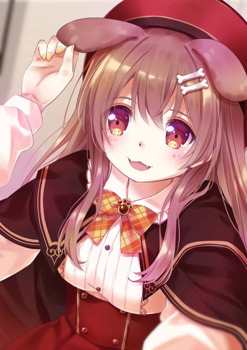 1girl 54hao :3 :d animal_ears arm_up bangs beret black_cape blurry blurry_background blush bone_hair_ornament bow breasts brown_bow brown_hair cape cartoon_bone collared_shirt commentary_request depth_of_field dog_ears eyebrows_visible_through_hair fangs hair_between_eyes hair_ornament hat high-waist_skirt highres hololive inugami_korone long_hair long_sleeves looking_at_viewer medium_breasts nail_polish plaid plaid_bow red_eyes red_headwear red_skirt shirt skirt smile solo upper_body virtual_youtuber white_shirt yellow_nails
