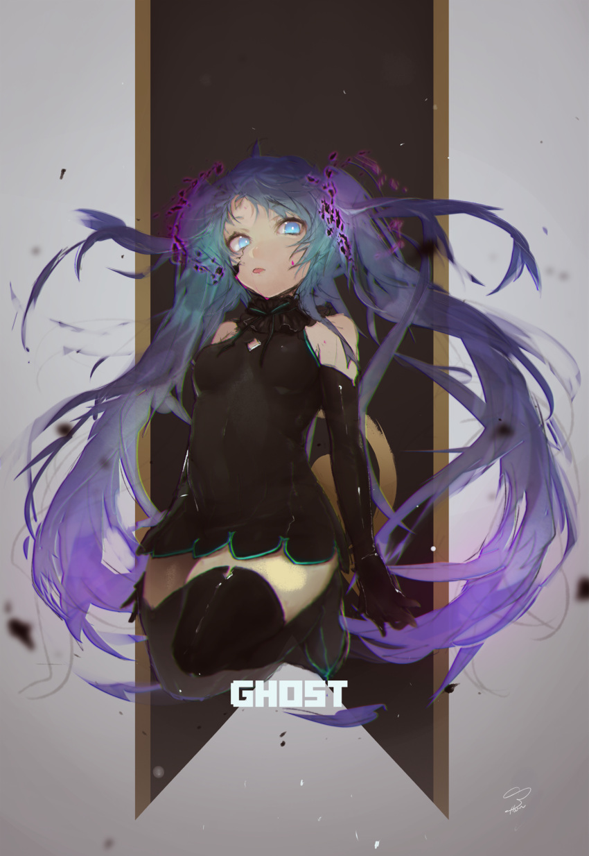 1girl alternate_costume aqua_hair bare_shoulders black_choker black_dress black_footwear black_gloves black_legwear blood blue_eyes boots breasts bright_pupils choker crack cracked_skin disintegration dress elbow_gloves floating_hair frilled_choker frills full_body ghost_rule_(vocaloid) gloves glowing glowing_eyes gradient gradient_background gradient_hair halter_dress halterneck hassan_(sink916) hatsune_miku highres long_hair looking_at_viewer multicolored_hair pink_blood purple_hair ribbon sleeveless sleeveless_dress small_breasts solo thigh-highs thigh_boots tongue tongue_out twintails very_long_hair vocaloid zettai_ryouiki