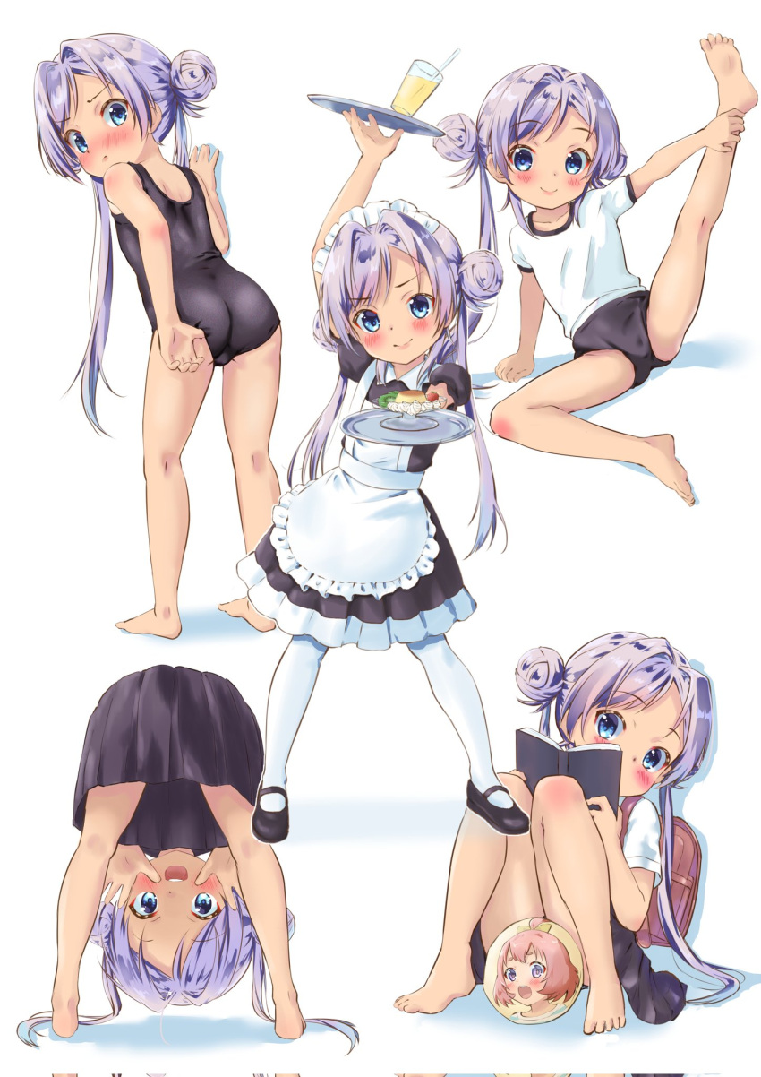 5girls adjusting_clothes adjusting_swimsuit apron arm_up ass backpack bag barefoot bent_over black_buruma black_dress black_footwear black_skirt blue_eyes blue_swimsuit blush book buruma censored double_bun dress feet from_behind full_body gym_uniform hair_bun hair_intakes hand_on_own_leg highres knees_up leaning_forward leg_up legs long_hair looking_at_viewer looking_back magia_record:_mahou_shoujo_madoka_magica_gaiden mahou_shoujo_madoka_magica maid maid_headdress mary_janes multiple_girls novelty_censor one-piece_swimsuit open_mouth outstretched_arms pantyhose purple_hair randoseru reading sawa_sudachi school_swimsuit school_uniform shirt shoes short_sleeves sitting skirt smile soles spread_legs swimsuit thighs toes tray twintails white_apron white_legwear white_shirt yakumo_mikage yappariga