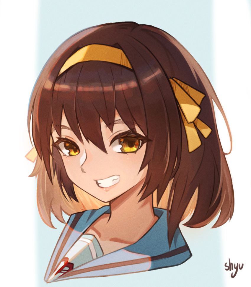 1girl blue_sailor_collar brown_hair collarbone grin hair_ribbon hairband highres kita_high_school_uniform long_hair looking_at_viewer portrait ribbon sailor_collar school_uniform shiny shiny_hair shyu signature smile solo suzumiya_haruhi suzumiya_haruhi_no_yuuutsu yellow_eyes yellow_hairband yellow_ribbon