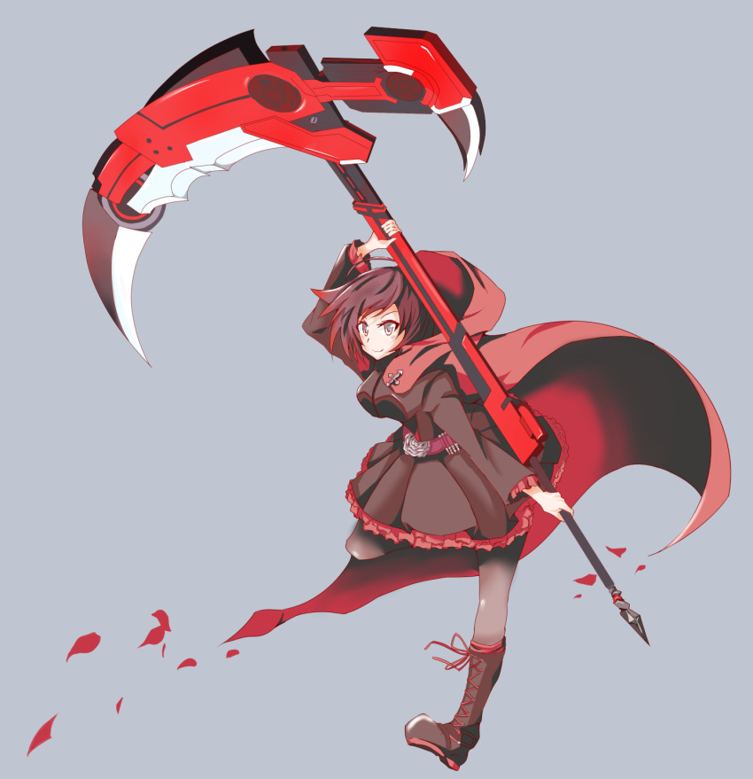 1girl bakuma belt blue_eyes blush boots cape contrapposto corset cross-laced_footwear flower frilled_skirt full_body highres huge_weapon lace-up_boots over_shoulder pantyhose red_hair rose ruby_rose rwby scythe sheer_legwear short_hair simple_background skirt solo weapon weapon_over_shoulder