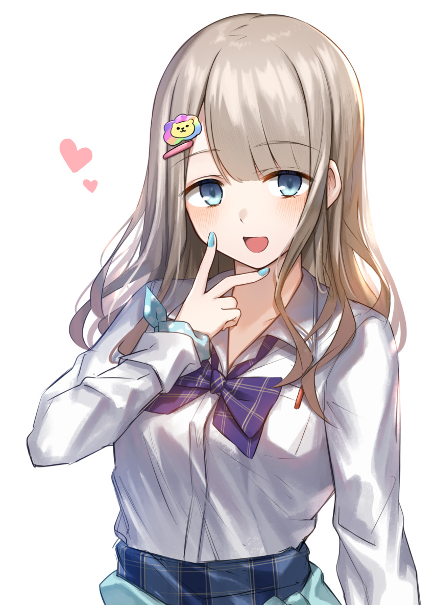 1girl :d absurdres akky_(akimi1127) bangs blue_nails blue_skirt bow breasts brown_hair clothes_around_waist collared_shirt commentary_request dress_shirt eyebrows_visible_through_hair hair_ornament hairclip hand_up heart highres idolmaster idolmaster_shiny_colors long_hair looking_at_viewer nail_polish plaid plaid_skirt purple_bow school_uniform serizawa_asahi shirt simple_background skirt small_breasts smile solo upper_body v white_background white_shirt