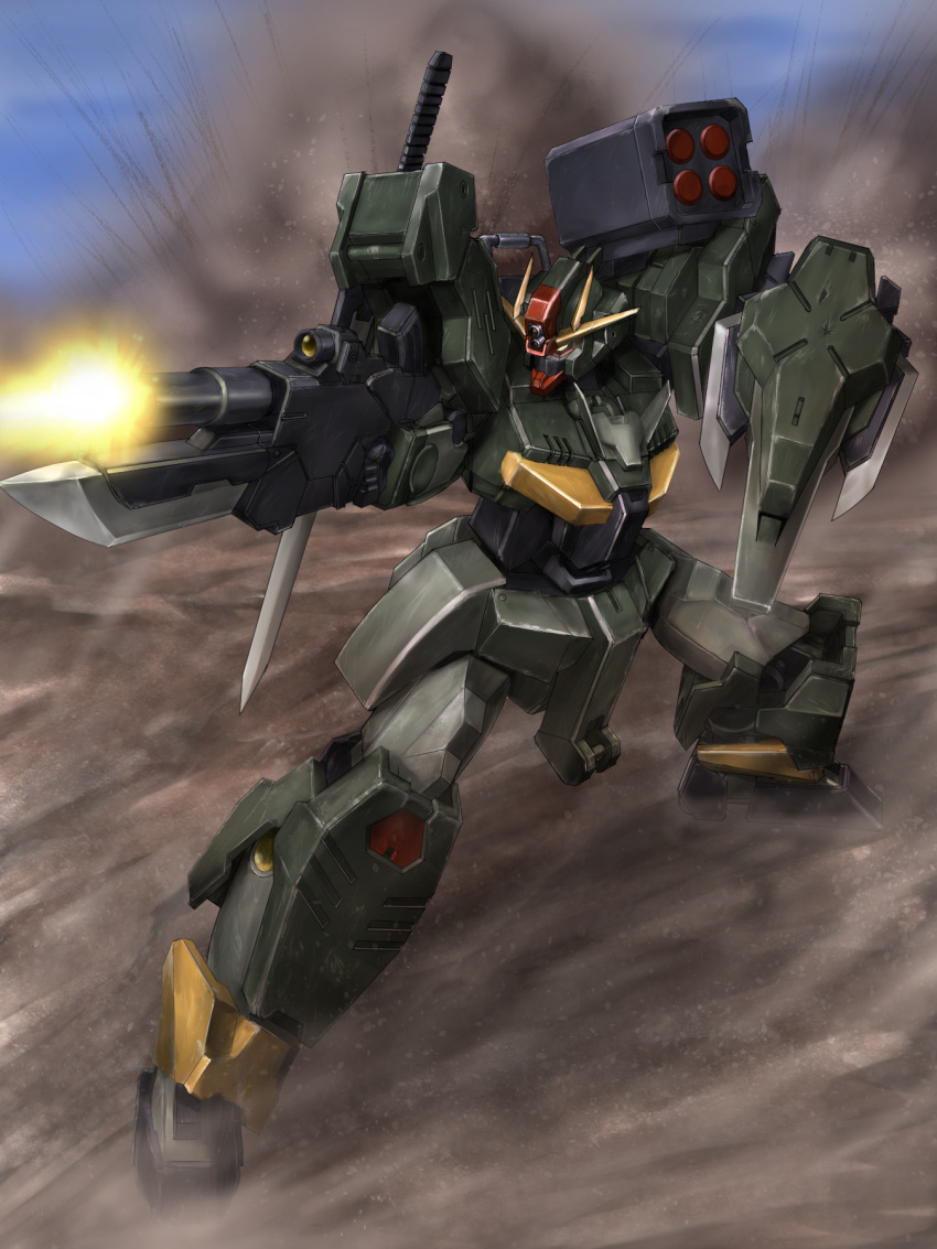 command_qan[t] dust firing glowing glowing_eye gun gundam gundam_breaker_battlogue highres holding holding_gun holding_shield holding_weapon looking_to_the_side mecha missile_pod motion_blur no_humans science_fiction shield shinryoku_tobari solo v-fin weapon yellow_eyes