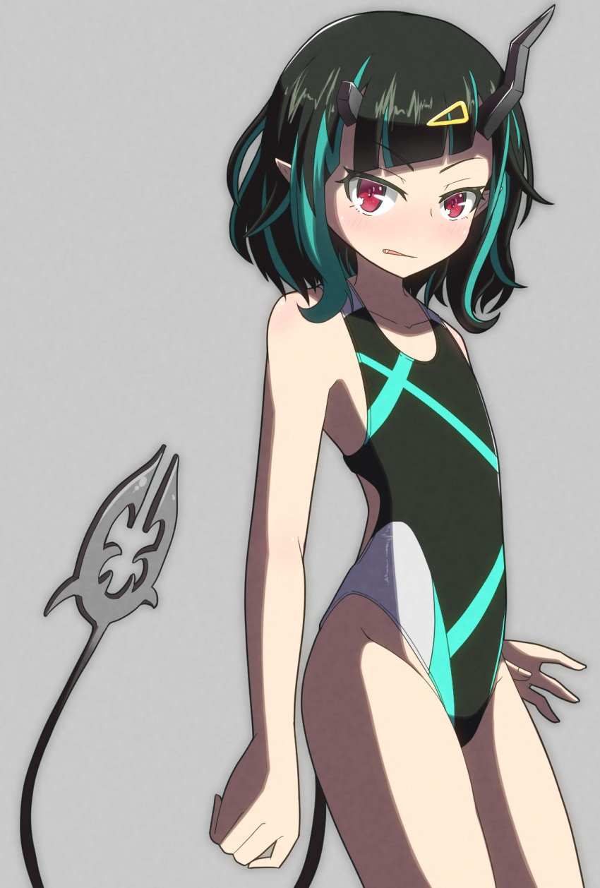 1girl alternate_costume bangs black_hair black_swimsuit blue_hair blue_swimsuit blush commentary competition_swimsuit cowboy_shot demon_girl demon_horns demon_tail eyebrows_visible_through_hair fang flat_chest grey_background grey_swimsuit hair_ornament hairclip highres horns kusha_(madoukusya12) looking_at_viewer medium_hair multicolored_hair one-piece_swimsuit open_mouth pointy_ears red_eyes shishio_chris simple_background solo sugar_lyric swimsuit tail two-tone_hair virtual_youtuber