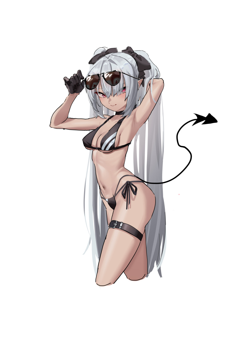 1girl absurdres arm_behind_head arms_up bangs bikini black-framed_eyewear black_bikini black_bow black_gloves blue_archive bow breasts closed_mouth cropped_legs dark-skinned_female dark_skin demon_tail doufu_(pixiv9093484) eyebrows_visible_through_hair eyewear_on_head gloves grey_hair hair_between_eyes hair_bow half_gloves highleg highleg_bikini highres iori_(blue_archive) long_hair looking_at_viewer medium_breasts multi-strapped_bikini navel red_eyes side-tie_bikini simple_background smile solo sunglasses swimsuit tail thigh_strap twintails very_long_hair white_background