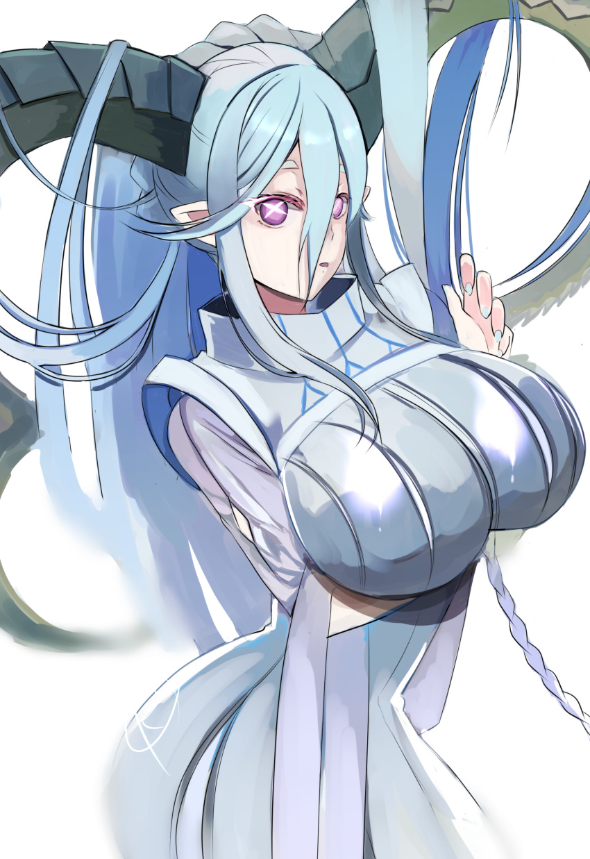 +_+ 1girl absurdres arm_under_breasts bangs braid breasts curled_horns dress fate/grand_order fate/grand_order_arcade fate_(series) hair_between_eyes highres horns kankitsu_kei large_breasts larva_tiamat long_hair long_horns long_sleeves looking_at_viewer pink_eyes pointy_ears ribbed_dress sidelocks silver_hair solo symbol-shaped_pupils tail tiamat_(fate) very_long_hair white_dress