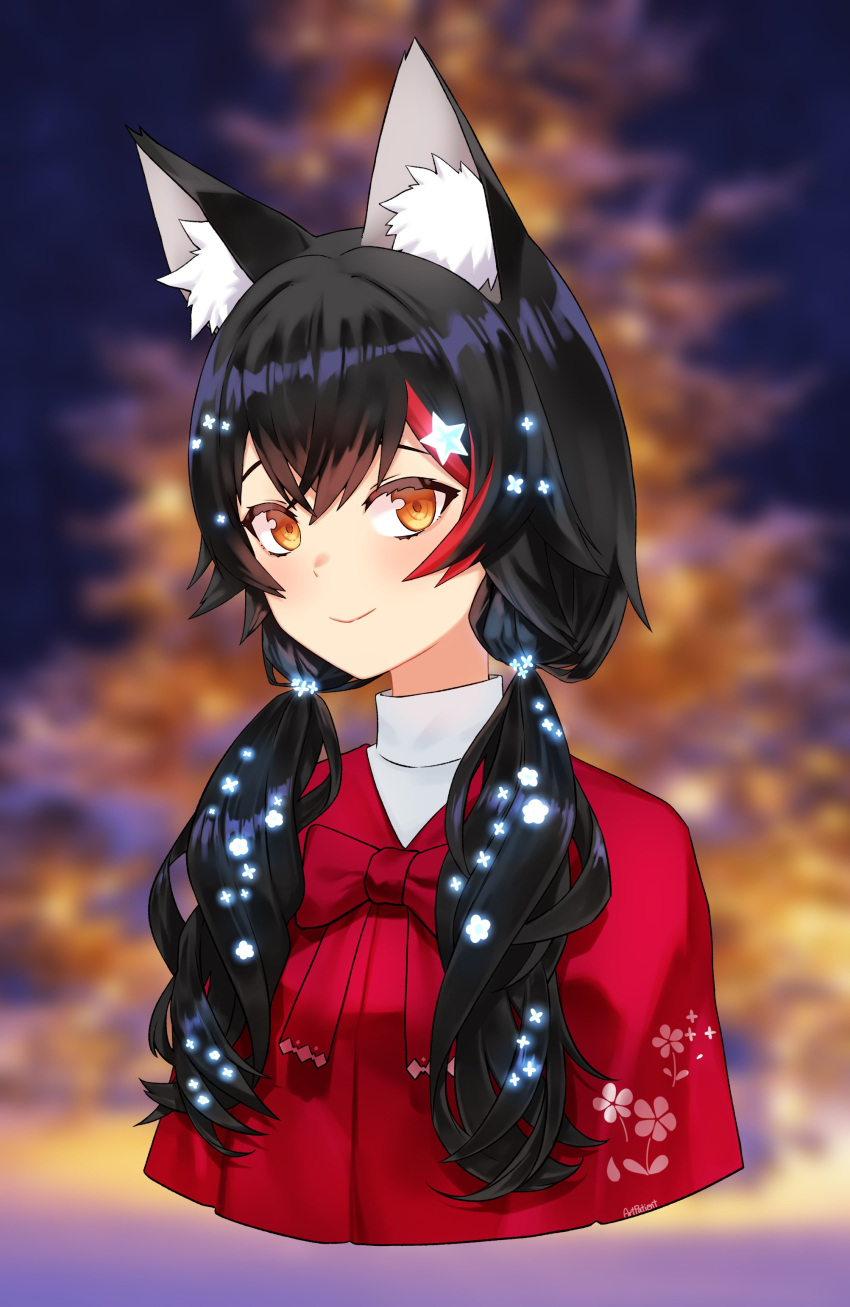 1girl absurdres animal_ear_fluff animal_ears artpatient black_hair capelet christmas closed_mouth cropped_torso hair_ornament highres hololive long_hair looking_at_viewer low_twintails multicolored_hair ookami_mio red_capelet redhead smile streaked_hair symbol-only_commentary twintails upper_body virtual_youtuber wolf_ears wolf_girl