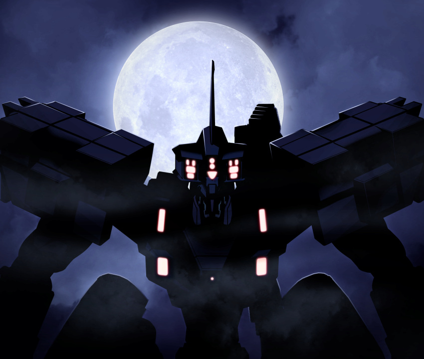 artist_request backlighting f-5e_tornado_adv game_cg glowing glowing_eyes highres looking_at_viewer mecha moon muvluv muvluv_alternative muvluv_alternative_chronicles_03 night night_sky no_humans official_art science_fiction sky solo tactical_surface_fighter upper_body
