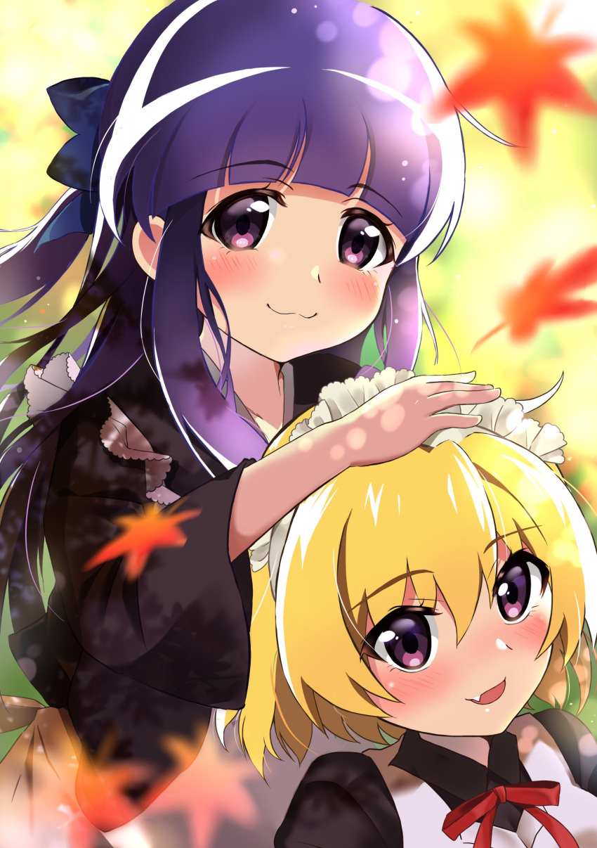 2girls :3 :d alternate_costume apron autumn_leaves bangs black_kimono blonde_hair blue_bow blunt_bangs blurry blurry_background blush bow closed_mouth commentary_request cosplay dappled_sunlight day enmaided eyebrows_visible_through_hair falling_leaves fang furude_rika hair_between_eyes hair_bow highres higurashi_no_naku_koro_ni hisui_(tsukihime) hisui_(tsukihime)_(cosplay) houjou_satoko japanese_clothes kimono kohaku_(tsukihime) kohaku_(tsukihime)_(cosplay) leaf long_hair long_sleeves looking_at_viewer maid maid_apron maid_headdress mashimaro_tabetai multiple_girls neck_ribbon open_mouth purple_hair red_ribbon ribbon short_hair skin_fang smile sunlight tsukihime violet_eyes white_apron wide_sleeves