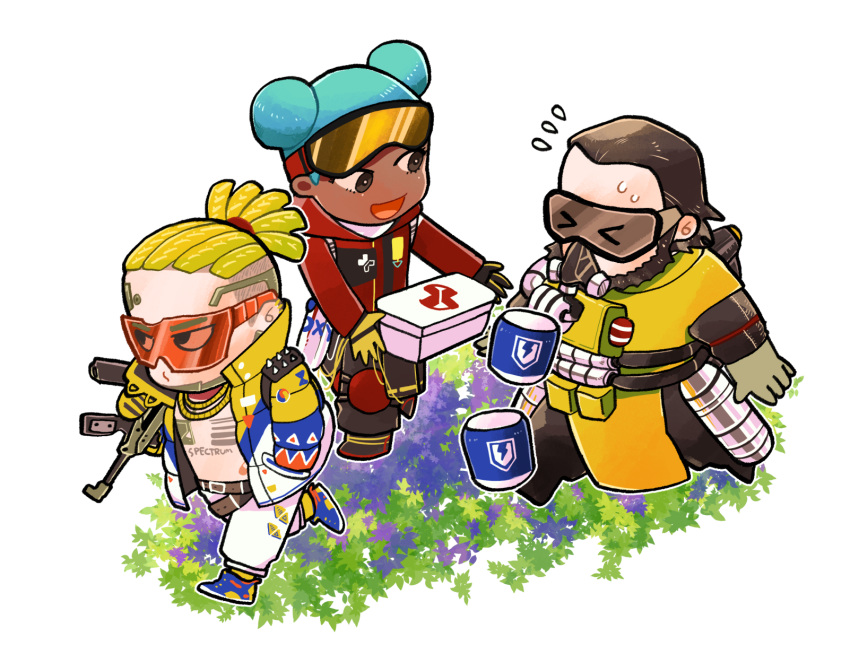 1girl 2boys apex_legends beard black_hair black_pants blonde_hair blue_footwear blue_hair brown_eyes caustic_(apex_legends) chain chest_tattoo chibi cornrows crypto_(apex_legends) facial_hair first_aid_kit gas_mask gloves goggles goggles_on_head gold_chain green_gloves gun hair_behind_ear highres holding holding_gun holding_weapon hype_beast_crypto jacket lifeline_(apex_legends) mask mei_(611kcal) multiple_boys official_alternate_costume open_mouth pants r-99_smg red_jacket shoes smile sneakers submachine_gun sunglasses tattoo tied_hair vital_signs_lifeline walking weapon white_jacket white_pants