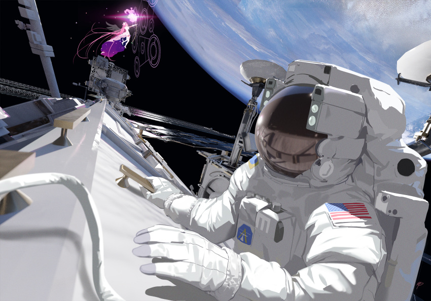 1boy 1girl astronaut bow_(weapon) clouds commentary_request dress earth_(planet) elbow_gloves gloves goddess goddess_madoka hair_ribbon highres international_space_station kaname_madoka mahou_shoujo_madoka_magica pink_dress pink_hair planet reflection ribbon runes scenery solar_panel space space_helmet spung weapon white_gloves wings