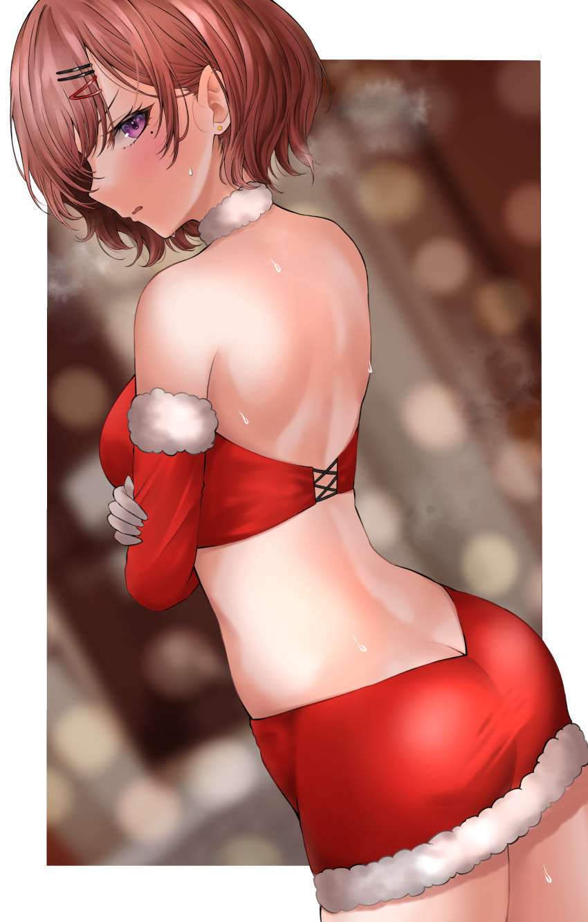 1girl absurdres ass back bare_shoulders blurry blurry_background blush border breasts butt_crack cowboy_shot crossed_arms depth_of_field dstwins97 dutch_angle elbow_gloves embarrassed from_behind fur-trimmed_gloves fur-trimmed_skirt fur_trim gloves hair_ornament hairclip highres higuchi_madoka idolmaster idolmaster_shiny_colors looking_at_viewer looking_back medium_breasts miniskirt outside_border parted_lips red_gloves red_skirt short_hair skirt solo steaming_body sweat v-shaped_eyebrows violet_eyes white_border