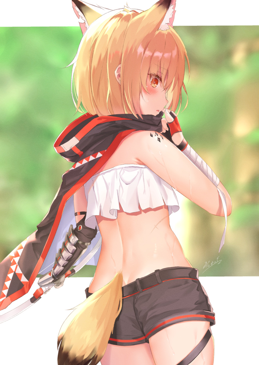 1girl animal_ear_fluff animal_ears aokabi_(aokabic) arknights ass bandaged_arm bandages bangs black_cloak black_gloves black_shorts blonde_hair blurry blurry_background blush cloak commentary_request crop_top depth_of_field eyebrows_visible_through_hair fingerless_gloves from_behind gloves hair_between_eyes hand_up highres looking_at_viewer looking_back midriff parted_lips profile red_eyes short_hair short_shorts shorts signature skindentation solo sweat tail vermeil_(arknights)