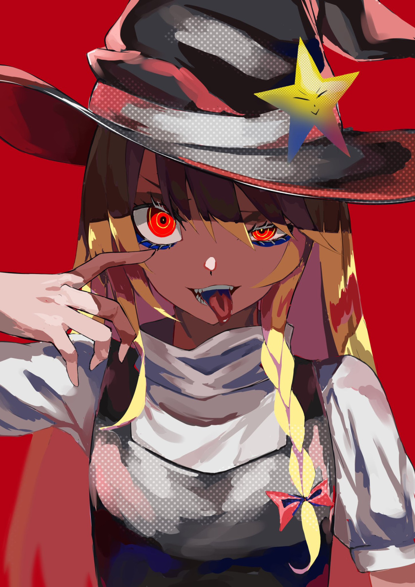 1girl bangs black_headwear black_vest blonde_hair braid commentary cookie_(touhou) guriguri hair_between_eyes hat hat_ornament highres kirisame_marisa long_hair looking_at_viewer open_mouth red_background red_eyes sharp_teeth shirt side_braid simple_background single_braid smile solo star_(symbol) star_hat_ornament suzu_(cookie) teeth tongue tongue_out touhou uneven_eyes upper_body vest white_shirt witch_hat