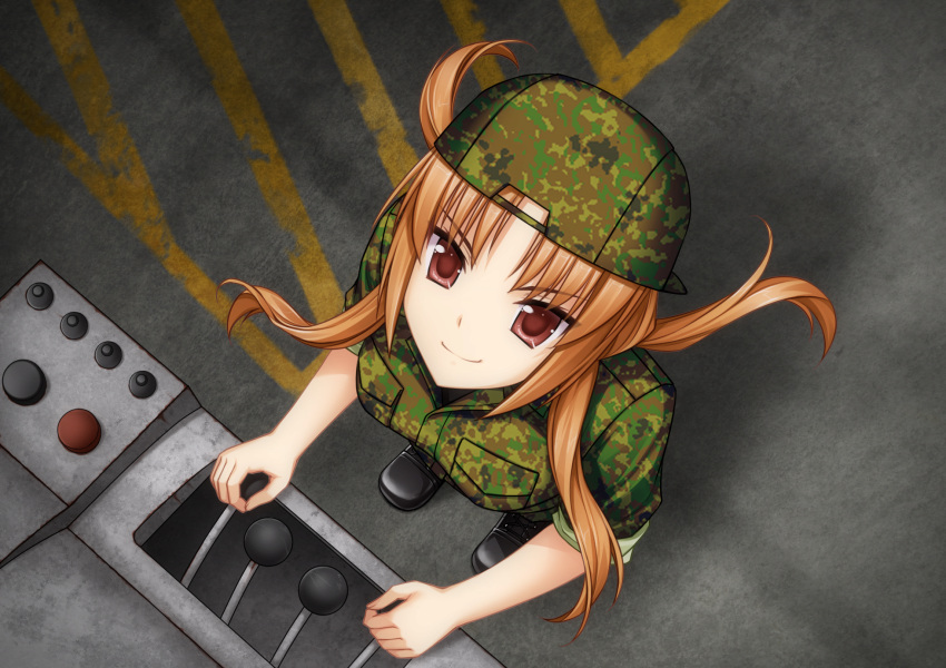 1girl artist_request backwards_hat bangs baseball_cap brown_eyes brown_hair camouflage camouflage_headwear camouflage_jacket camouflage_pants eyebrows_visible_through_hair from_above game_cg hat highres jacket kusumoto_sayaka looking_up muvluv muvluv_alternative muvluv_unlimited:_the_day_after official_art pants parted_bangs smile solo