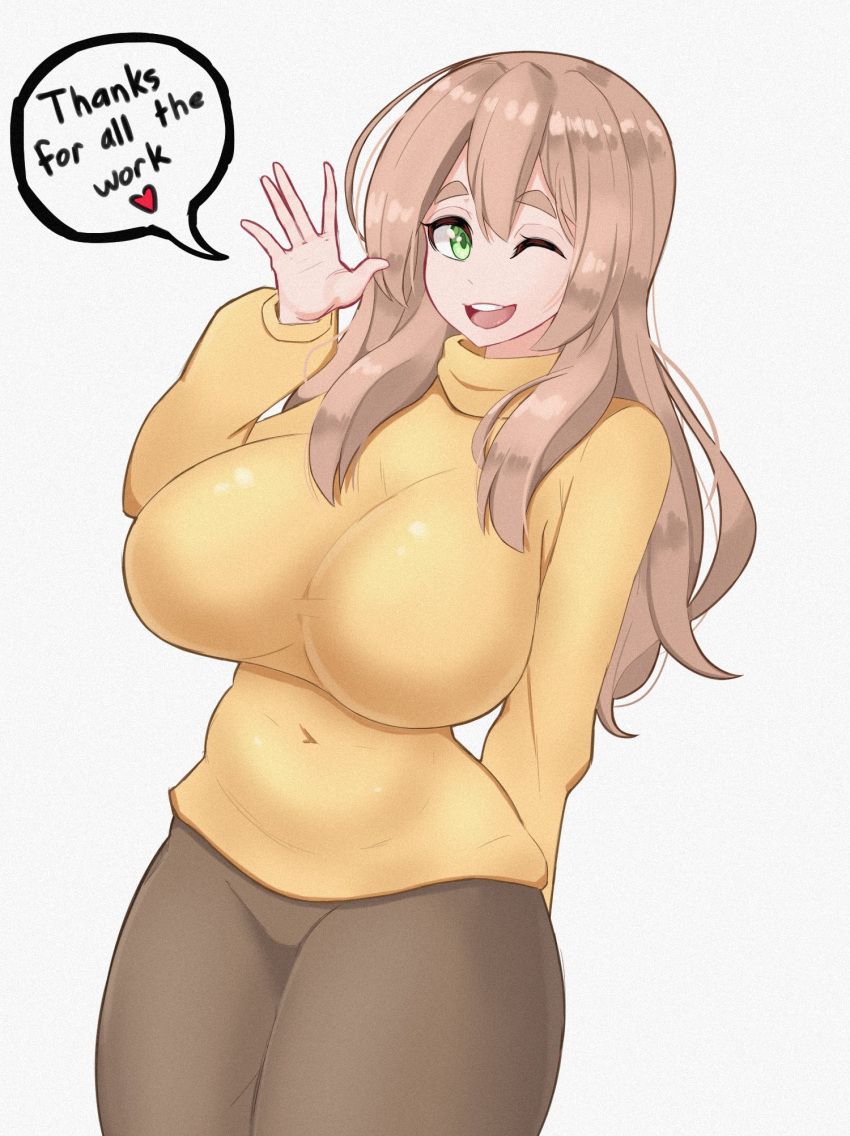 1girl blush borrowed_character breasts brown_hair brown_pants english_commentary english_text green_eyes highres impossible_clothes impossible_sweater large_breasts long_hair long_sleeves looking_at_viewer one_eye_closed open_mouth original pants smile solo speech_bubble sweater tagme teeth turtleneck turtleneck_sweater upper_teeth yellow_sweater young_savage