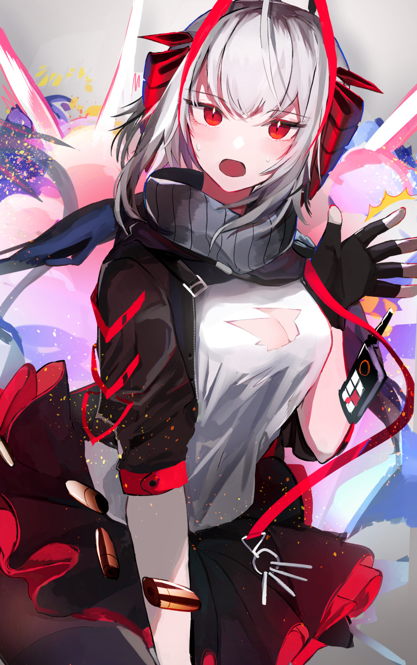1girl antenna_hair arknights black_gloves black_scarf breasts explosion fingerless_gloves gloves highres horns jacket looking_at_viewer medium_breasts open_mouth red_eyes scarf shinonome_nemu_(nemulog_sn) solo sweat sweatdrop w_(arknights) white_hair