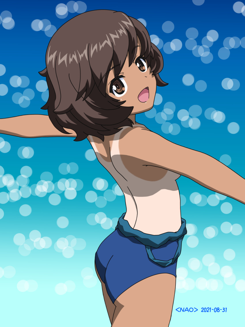 1girl :d akiyama_yukari artist_name ass back bangs blue_swimsuit blurry blurry_background breasts brown_eyes brown_hair clothes_pull commentary dated day from_side girls_und_panzer highres looking_at_viewer looking_back messy_hair naotosi ocean one-piece_swimsuit open_mouth outdoors outstretched_arms school_swimsuit short_hair sideboob smile solo spread_arms standing swimsuit swimsuit_pull tan tanlines