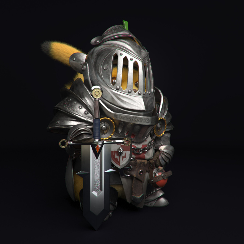 3d armor belt brown_eyes chain clothing_request coat_of_arms evgeniy_aleshechkin furry grey_background helmet highres knight looking_away looking_to_the_side pikachu pokemon pokemon_(creature) potion simple_background solo solo_focus sword tagme tail weapon yellow_fur zbrush