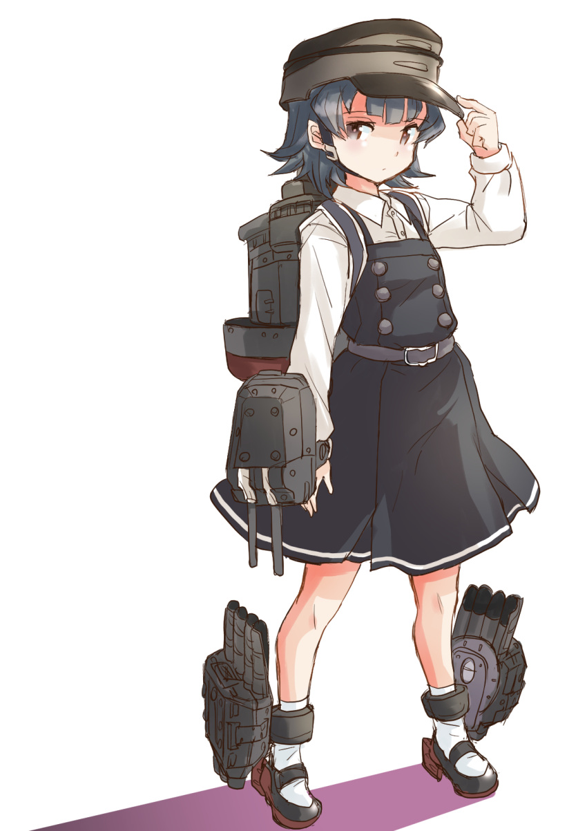 1girl arare_(kancolle) belt belt_buckle black_belt black_dress black_hair brown_eyes buckle buttons closed_mouth collared_shirt dress fuji_(pixiv24804665) full_body highres kantai_collection long_sleeves machinery pinafore_dress remodel_(kantai_collection) rigging shirt short_hair simple_background smokestack socks solo torpedo torpedo_launcher torpedo_tubes turret visor_cap white_background white_legwear white_shirt