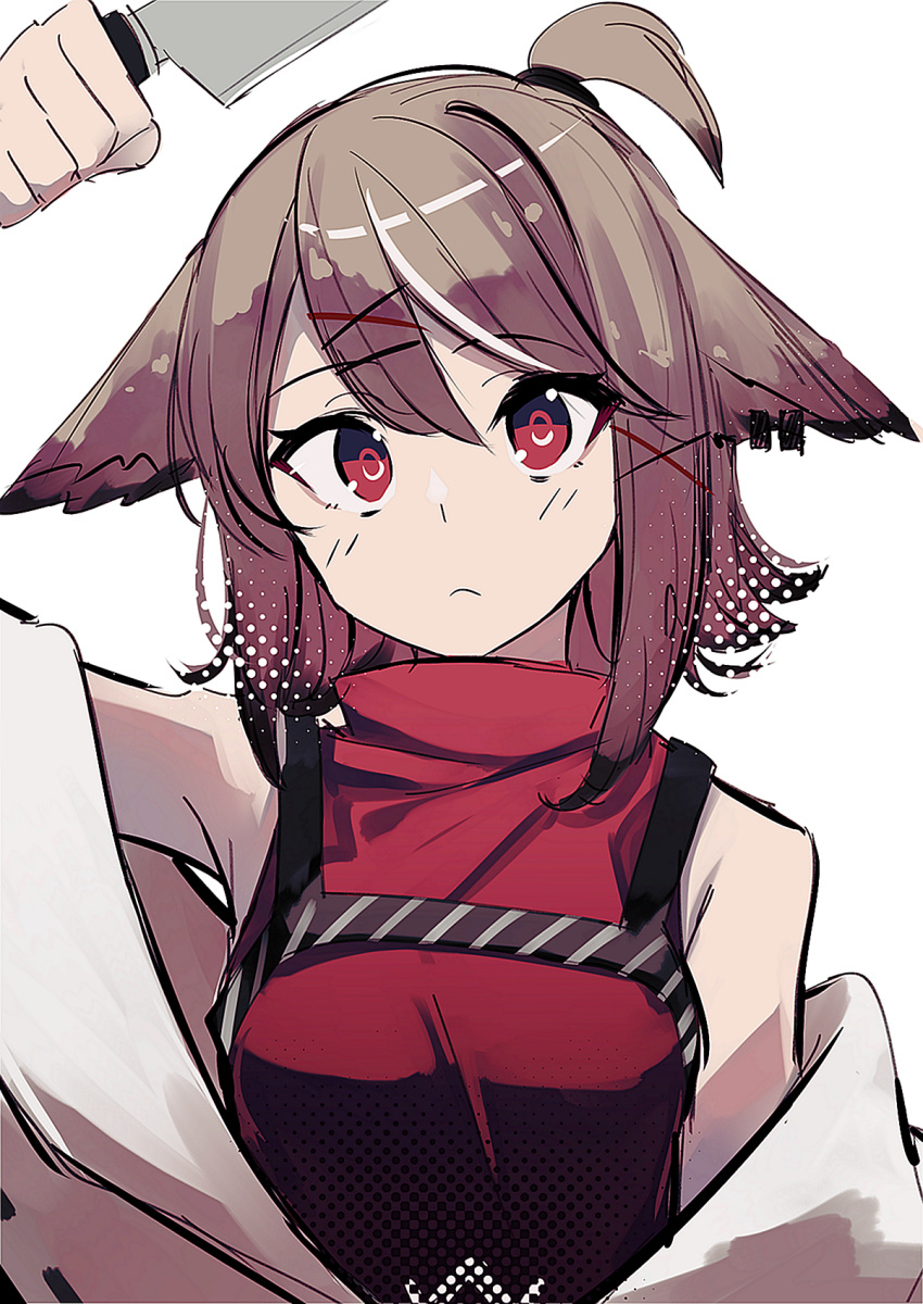 1girl animal_ears arknights arm_up bangs bare_shoulders brown_hair cutter_(arknights) ear_piercing eyebrows_visible_through_hair hair_between_eyes hair_ornament hairclip highres holding holding_knife jacket knife open_clothes open_jacket piercing red_eyes red_shirt shirt simple_background sleeveless sleeveless_shirt solo tetuw turtleneck upper_body white_background white_jacket x_hair_ornament