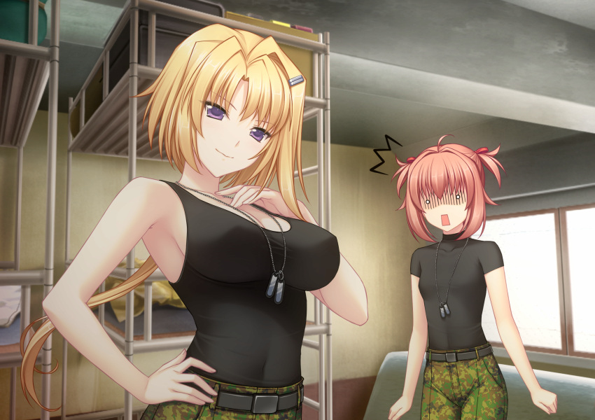 2girls bed black_shirt black_tank_top breasts bunk_bed camouflage camouflage_pants clenched_hands covered_nipples dog_tags ellen_aice flat_chest game_cg hair_intakes highres large_breasts looking_at_viewer low_ponytail miono_shizuku multiple_girls muvluv muvluv_alternative muvluv_unlimited:_the_day_after official_art open_mouth pants pink_hair sayori_(neko_works) shaded_face shirt shirt_tucked_in small_breasts smile surprised tank_top two_side_up violet_eyes white_eyes