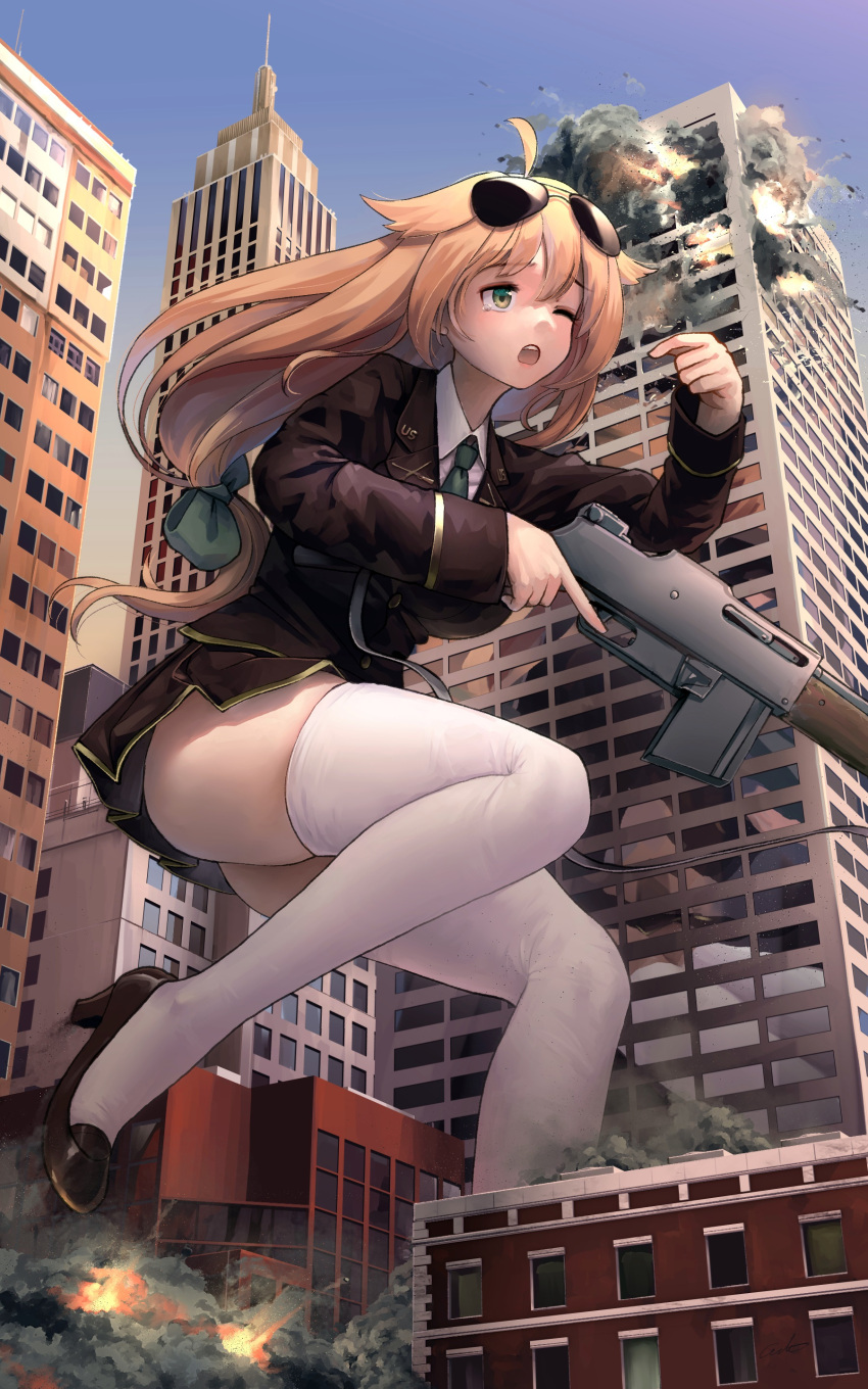 1girl absurdres ahoge aviator_sunglasses black_footwear black_jacket black_skirt blazer blonde_hair building city destruction eyebrows_visible_through_hair eyewear_on_head giant giantess girls_frontline green_eyes green_necktie gun high_heels highres holding holding_gun holding_weapon jacket light_machine_gun long_hair long_sleeves low-tied_long_hair m1918_(girls'_frontline) m1918_bar machine_gun miniskirt necktie one_eye_closed open_mouth outdoors reflection shoes skirt sunglasses tears thigh-highs trigger_discipline weapon welt_(kinsei_koutenkyoku) white_legwear