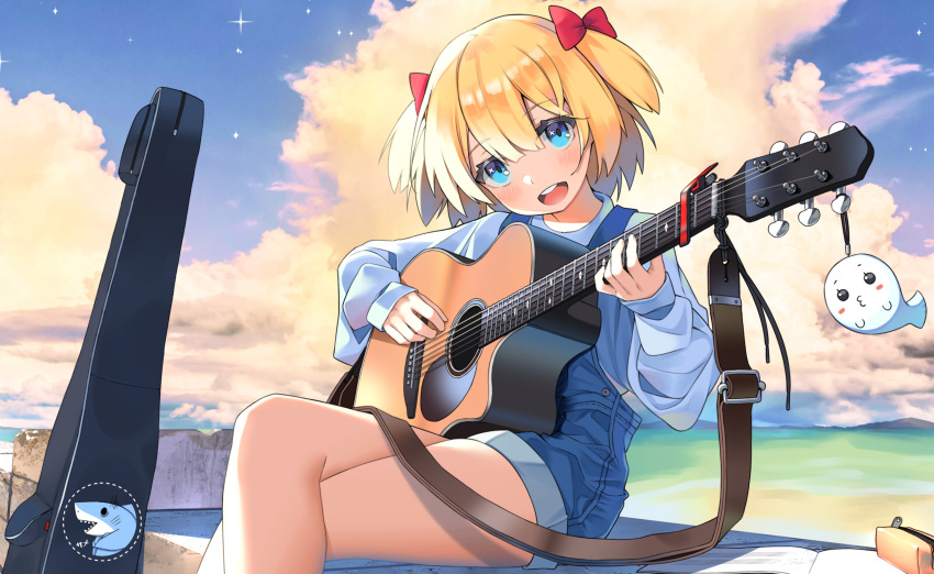 1girl beach blue_eyes blush bow charm_(object) clouds cloudy_sky commission crossed_legs cumulonimbus_cloud day eyebrows_visible_through_hair guitar guitar_case hair_between_eyes hair_bow highres holding holding_instrument instrument instrument_case looking_at_viewer music ocean open_mouth original outdoors overalls playing_instrument red_bow sand sitting skindentation sky slumcat smile solo star_(sky) teeth tongue twintails upper_teeth watermark zipper