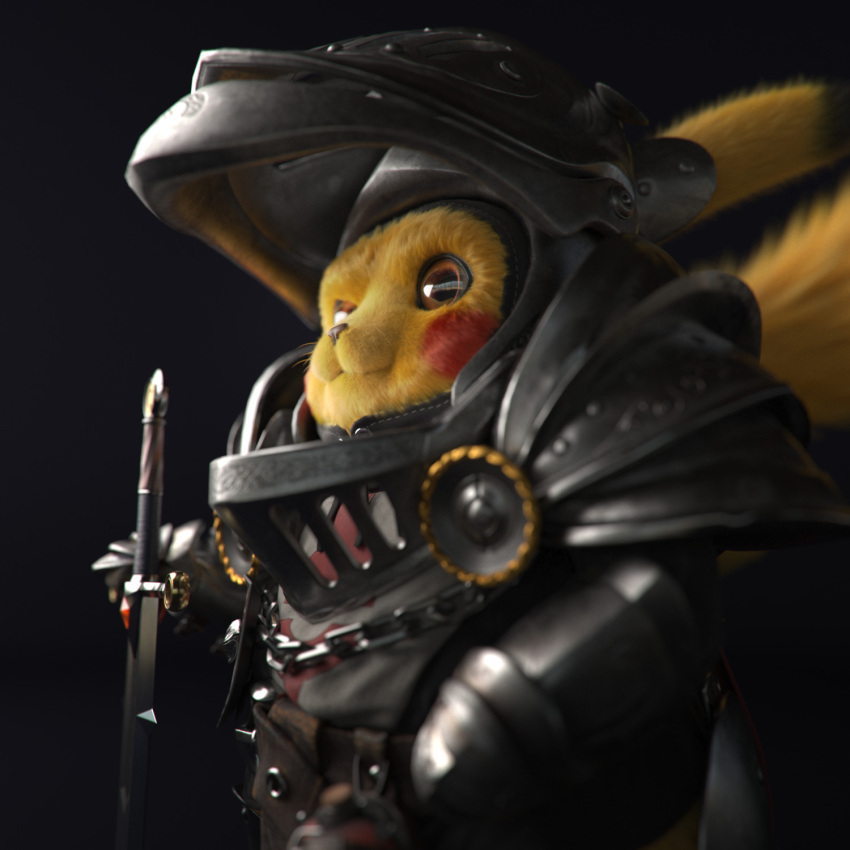 3d armor belt brown_eyes chain clothing_request coat_of_arms evgeniy_aleshechkin furry grey_background helmet highres knight looking_away looking_to_the_side pikachu pokemon pokemon_(creature) potion simple_background solo solo_focus sword tagme tail weapon yellow_fur zbrush