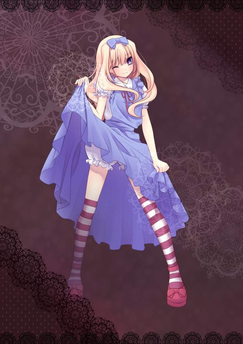 alice_(wonderland) alice_in_wonderland blonde_hair bloomers blue_eyes bow dress dress_lift hair_bow highres legs nana_mikoto smile solo thighhighs wink