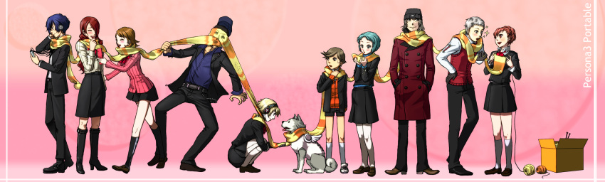 aegis amada_ken android animal aragaki_shinjirou arisato_minato brown_hair dog everyone female_protagonist_(persona_3) hat headphones iori_junpei kirijou_mitsuru koromaru long_hair persona persona_3 persona_3_portable redhead ribbon sanada_akihiko scarf school_uniform shared_scarf shorts smile sweatdrop takeba_yukari yamagishi_fuuka