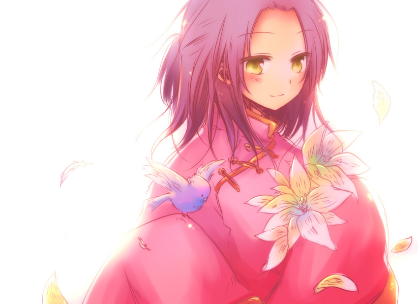 aplerichi axis_powers_hetalia bird blush china_(hetalia) flower male purple_hair simple_background smile solo trap yellow_eyes