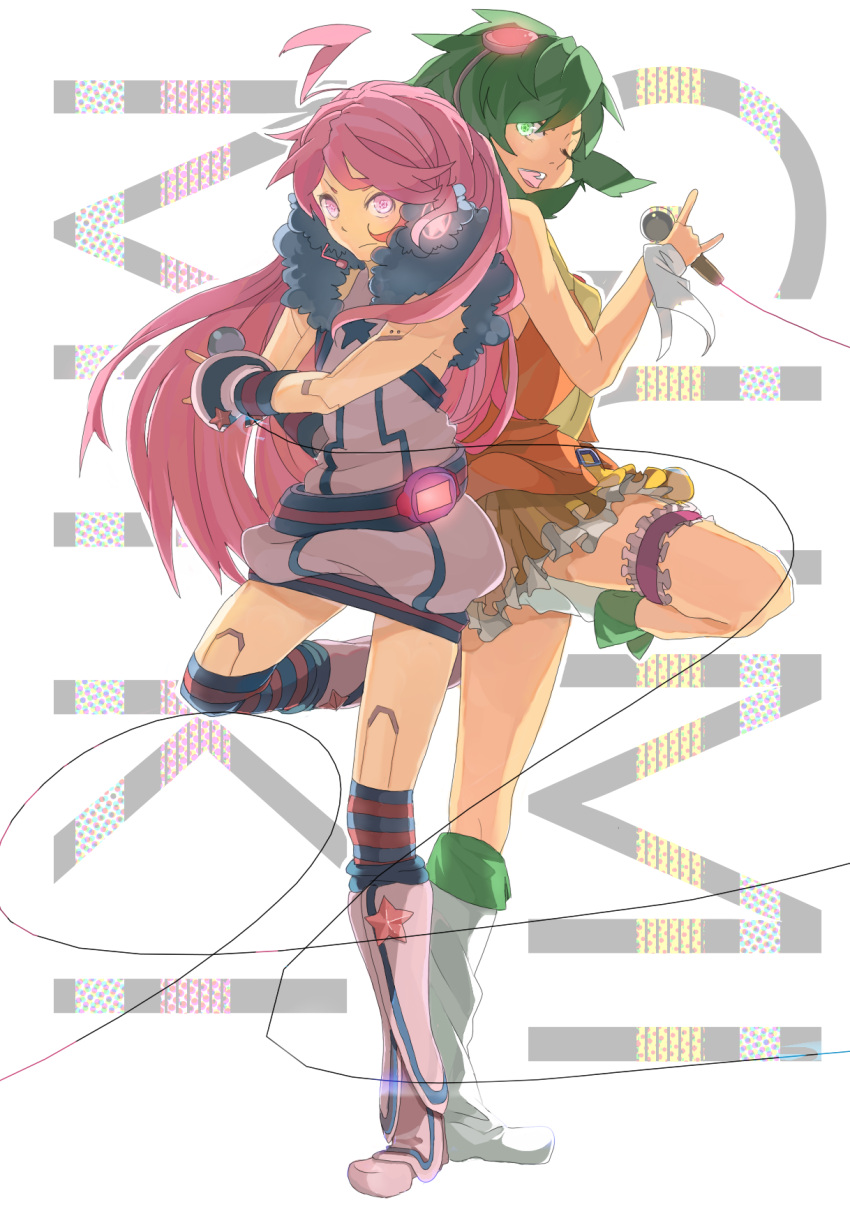 12345_(pixiv) \m/ ahoge android back-to-back boots earmuffs goggles goggles_on_head green_eyes green_hair gumi headphones headset highres hossi kneehighs long_hair microphone miki_(vocaloid) multiple_girls pink_eyes pink_hair robot_joints sf-a2_miki short_hair skirt smile socks striped striped_kneehighs striped_legwear vocaloid wink wrist_cuffs