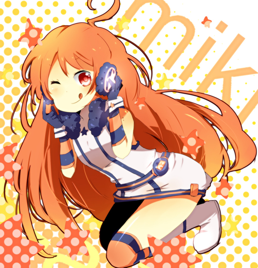 ahoge bad_id boots earmuffs gloves hands_on_earmuffs hands_on_headphones headphones highres kneehighs long_hair miki_(vocaloid) red_eyes red_hair redhead sf-a2_miki smile socks solo striped striped_kneehighs striped_legwear tapa tongue vocaloid wink