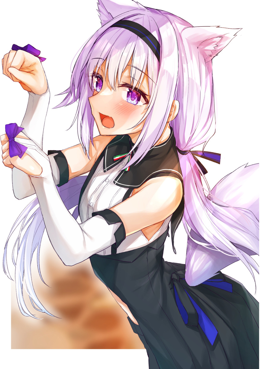 .live absurdres alternate_costume alternate_hairstyle animal_ears breasts carro_pino cat_ears cat_tail chausson commentary_request detached_sleeves headband highres long_hair looking_at_viewer low_twintails paw_pose purple_hair simple_background small_breasts tail twintails violet_eyes virtual_youtuber white_background