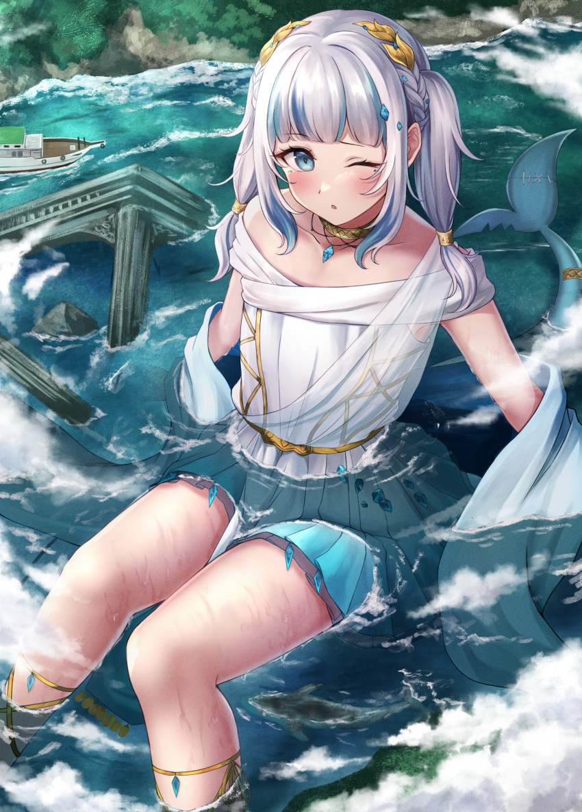 1girl absurdres bangs blue_eyes blue_hair choker clouds collarbone dress fish_tail gawr_gura giant giantess highres hololive hololive_english jewelry laurel_crown medium_hair multicolored_hair necklace numaguro_(tomokun0808) official_alternate_costume one_eye_closed shark_tail ship silver_hair sitting solo streaked_hair tail twintails two-tone_hair virtual_youtuber water watercraft white_dress yellow_choker