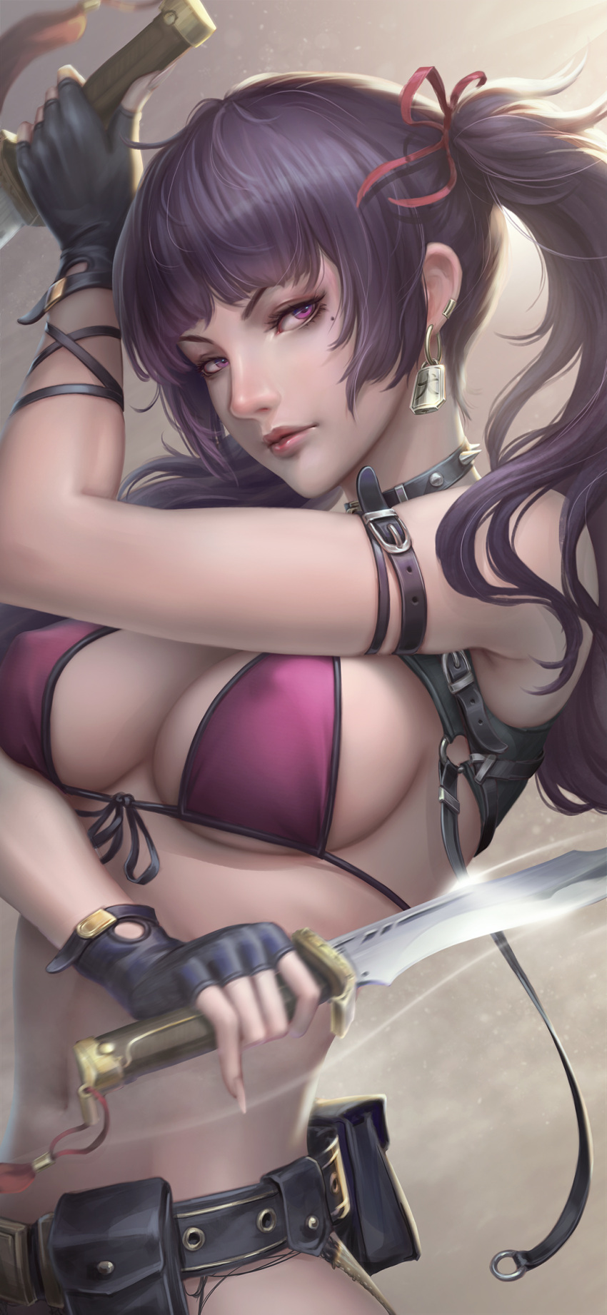 1girl azhang bangs bare_shoulders belt black_gloves breasts collar commentary covered_nipples dagger dual_persona earrings fingernails gloves highres holding holding_weapon jewelry knife lips long_hair looking_at_viewer mole mole_under_eye original ponytail purple_hair reverse_grip side_ponytail simple_background solo spiked_collar spikes tied_hair twintails upper_body violet_eyes weapon