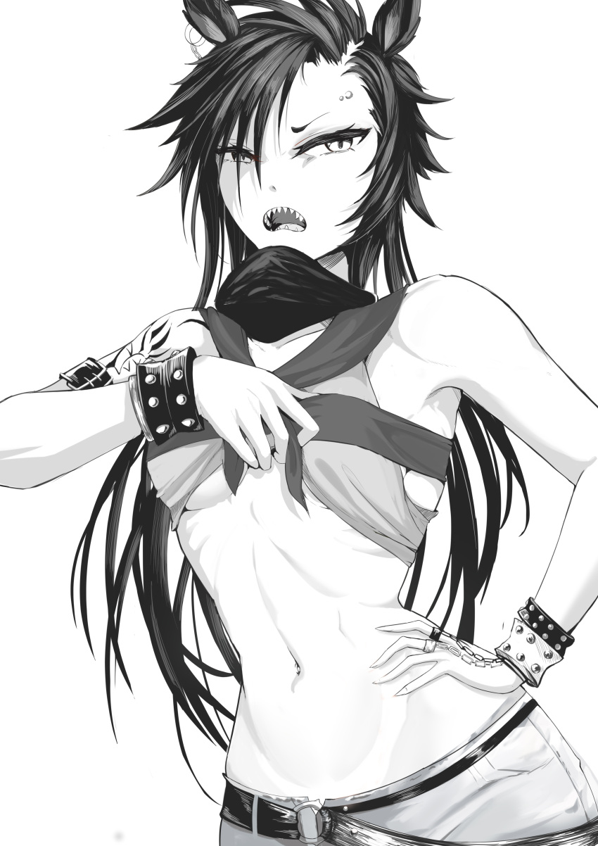 1girl absurdres air_shakur_(umamusume) animal_ears armpits bangs bare_shoulders black_hair breasts chain clothes_lift collar collarbone commentary_request cowboy_shot ear_ornament eyebrow_piercing greyscale hair_between_eyes hand_on_hip highres horse_ears horse_girl jewelry lifted_by_self long_hair looking_at_viewer monochrome multiple_rings navel o-ring_belt open_mouth piercing rihua_(shichangcwy) ring sailor_collar sharp_teeth shirt shirt_lift short_shorts shorts shoulder_tattoo sidelocks simple_background sleeveless sleeveless_shirt small_breasts solo standing stomach studded_bracelet tattoo teeth umamusume under_boob white_background