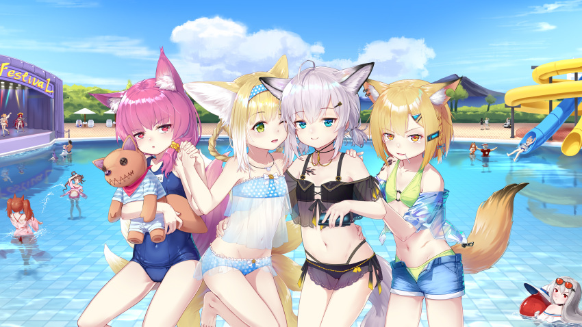 6+girls absurdres ahoge angelina_(summer_flowers)_(arknights) animal_ear_fluff animal_ears ansel_(arknights) ansel_(casual_vacation)_(arknights) arknights ass_visible_through_thighs bikini bikini_under_clothes black_bikini blonde_hair blue_bikini blue_eyes blue_shirt blue_swimsuit braid breasts brown_eyes camisole candy castle-3_(arknights) cellphone ceobe_(arknights) ceobe_(summer_flowers)_(arknights) clouds covered_navel earrings eyjafjalla_(arknights) eyjafjalla_(summer_flowers)_(arknights) face-to-face food fox_ears fox_girl fox_tail green_bikini green_eyes gummy_(arknights) gummy_(summer_flowers)_(arknights) hair_ornament hairband hairclip hand_on_another's_shoulder hand_on_another's_waist highres holding_hands ifrit_(arknights) ifrit_(sunburn)_(arknights) jaye_(arknights) jaye_(beach_guard)_(arknights) jewelry kano_(kotailo) la_pluma_(arknights) lollipop long_hair low_twintails matterhorn_(arknights) matterhorn_(beach_guard)_(arknights) multiple_girls navel object_hug off_shoulder one-piece_swimsuit one_eye_closed open_clothes open_mouth open_shorts outdoors phone polka_dot polka_dot_bikini pool provence_(arknights) provence_(casual_vacation)_(arknights) purple_hair school_swimsuit see-through shamare_(arknights) shirt short_hair short_shorts short_sleeves short_twintails shorts silver_hair skadi_(arknights) skadi_(waverider)_(arknights) sky small_breasts smartphone smile sora_(arknights) sora_(summer_flowers)_(arknights) stage stuffed_animal stuffed_toy sussurro_(arknights) suzuran_(arknights) swimsuit tail teddy_bear tequila_(arknights) thighs twin_braids twintails unbuttoned unzipped vermeil_(arknights) vigna_(arknights) vigna_(casual_vacation)_(arknights) violet_eyes water_slide zipper
