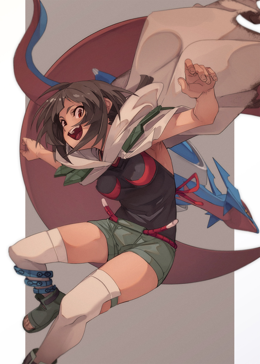 1girl anklet belt black_shirt boots breasts brown_hair cloak commentary_request floating_cape fu-ta green_footwear green_shorts grey_legwear hands_up highres jewelry long_hair open_mouth pokemon pokemon_(creature) pokemon_(game) pokemon_oras red_belt red_eyes red_ribbon ribbon rope_belt salamence shirt short_shorts shorts teeth thigh-highs toeless_footwear toes tongue upper_teeth zinnia_(pokemon)
