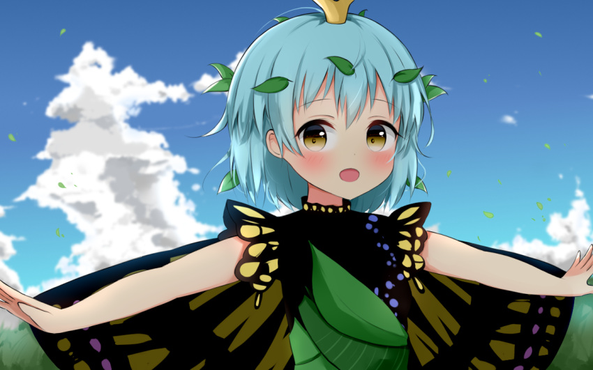 1girl antennae antidote aqua_hair blush butterfly_wings day dress eternity_larva eyebrows_visible_through_hair fairy green_dress hair_between_eyes leaf leaf_on_head looking_at_viewer multicolored_clothes multicolored_dress open_mouth outstretched_arms short_hair single_strap smile solo spread_arms touhou upper_body wings yellow_eyes